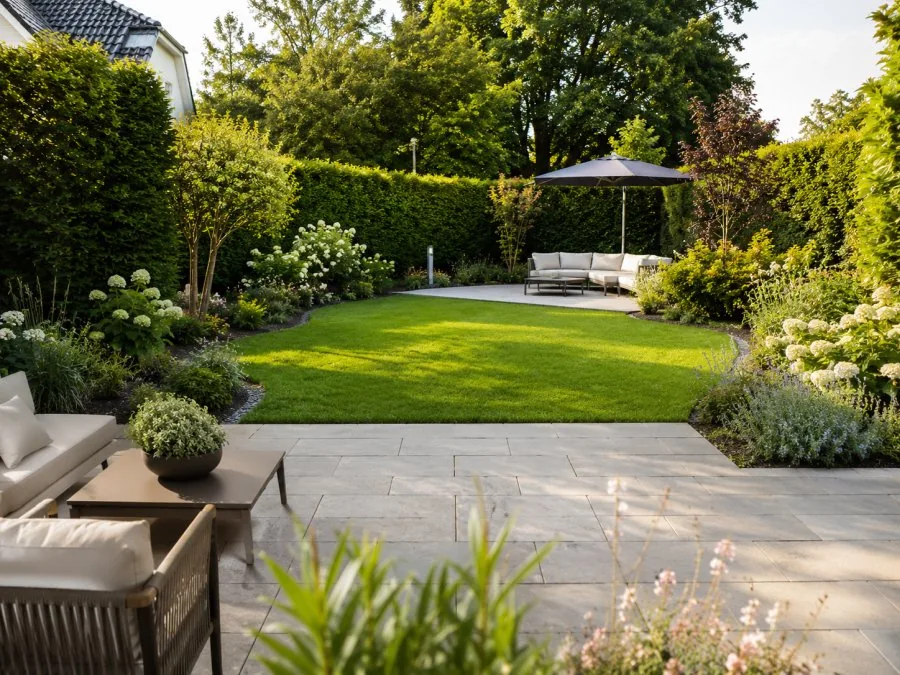 Garten mit Rasen und Terrasse